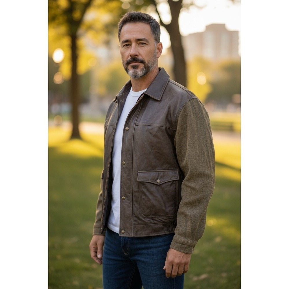 The Territory Ahead Leather Bomber Jacket Men's XL Brown Green